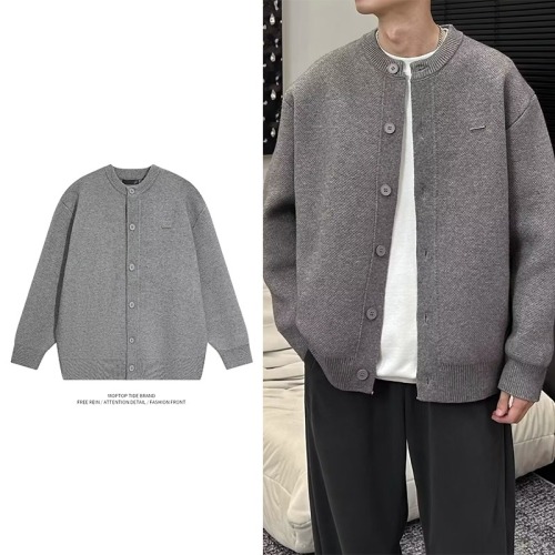 New baseball collar thick-knit cardigan sweater for men solid color loose casual lazy gray coat for men