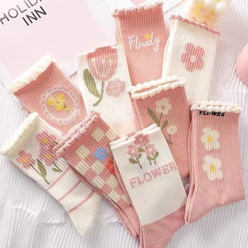 Socks women's mid-calf socks pink lace sweet girl ins trendy socks long socks student sports cute flower socks