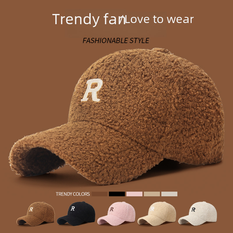 Korean style embroidered R letter lamb velvet baseball hat for women in autumn and winter, versatile casual Internet celebrity face small duck cap