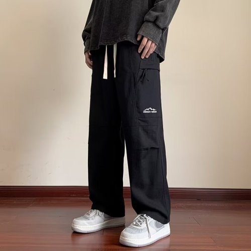 Retro Japanese solid color velvet straight overalls for men, loose and versatile, trendy wide-leg drawstring casual trousers