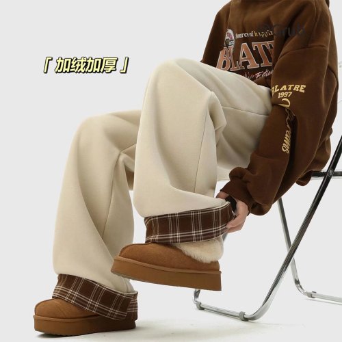 Plaid pants men's winter velvet thickening Japanese straight pants autumn and winter style American loose drape wide-leg casual pants