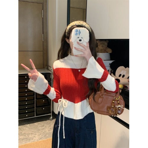 Contrast color design stand-up collar trumpet long-sleeved sweater for women spring new slim fit lace-up sweater trendy