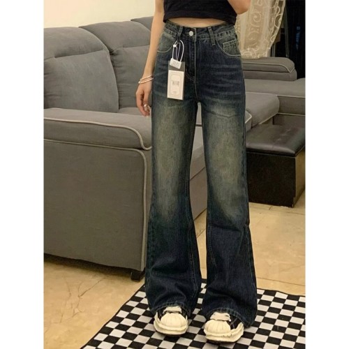 American Retro Washed Distressed Hot Girls Bootleg Jeans Women's Spring and Summer Versatile Slim Fit Horseshoe Flare Trousers