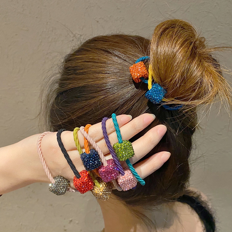 Korean style simple color contrasting diamond square hair rope small fresh girl hair tie ponytail ball head Internet celebrity hair accessories