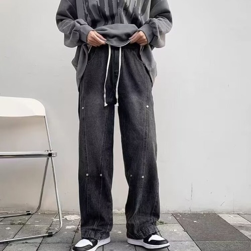 American high street washed straight jeans, casual and versatile, loose solid color denim trousers, trendy brand for men and women