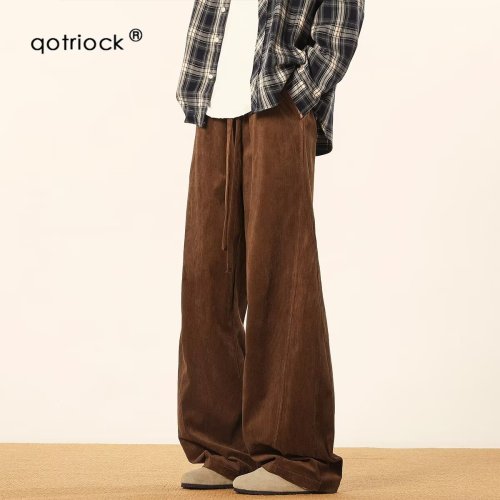 Literary youth straight-legged American retro brown corduroy pants men's high-waisted spring regular trousers