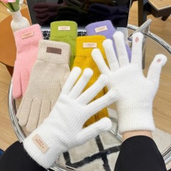 Korean knitted woolen gloves for women in winter, thickened and velvet, candy-colored, cycling touch screen, five fingers exposed