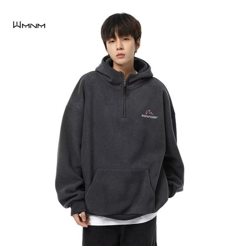 Men's dark gray polar fleece sweatshirt men's hooded thickened warm autumn and winter top pullover half-zip jacket for men