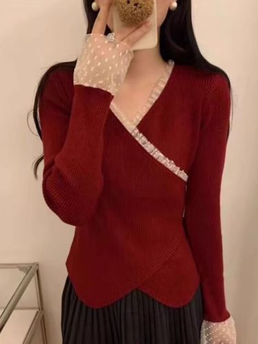 Design niche hem irregular lace cross V-neck slim long-sleeved sweater for women in autumn and winter