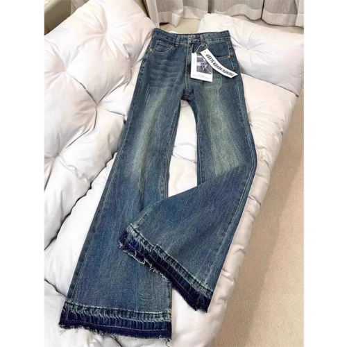 Cement gray non-leg-fitting micro-flared jeans for women in spring and autumn new style raw edges high waist loose slimming horn mopping