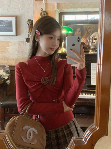 Half turtleneck sweater for women, autumn and winter new style, off-shoulder long-sleeved sweater, bottoming shirt, fashionable