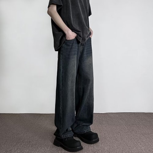 High street washed vibe distressed jeans for men, trendy brand handsome American wide-leg floor-length straight-leg pants that look taller and slimmer