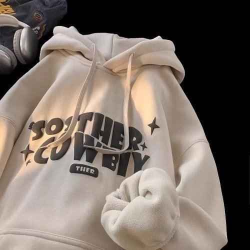 Letter plus velvet sweatshirt men's American fashion brand youth loose casual heavy hoodie jacket