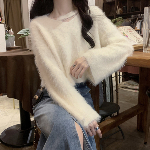 This year's popular and beautiful imitation mink sweater women's autumn and winter milk fufu hot style jacket v-neck knitted top