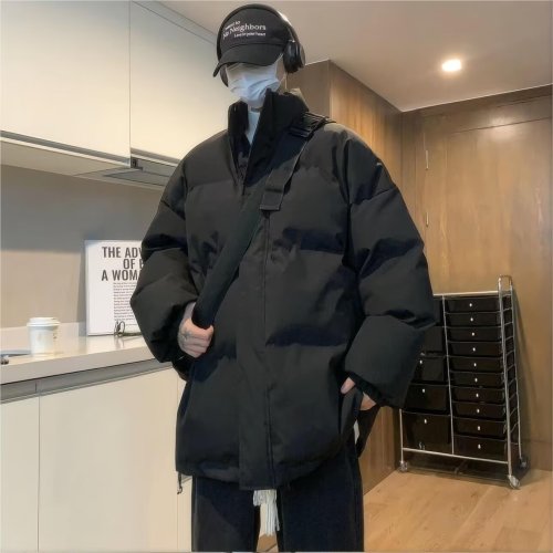 Winter solid color thickened stand-up collar cotton coat men's American retro loose versatile cotton jacket casual bread coat cotton coat