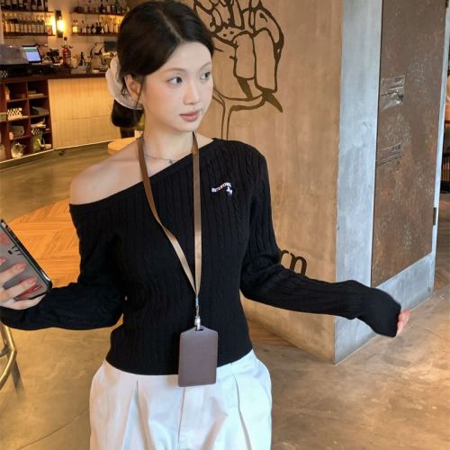 New Korean sweet and cool sister embroidered oblique shoulder long-sleeved sweater bottoming shirt