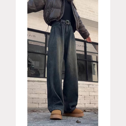 Retro blue jeans for men in autumn, loose, straight and drapey wide-leg pants, American high street, extended version, belt style pants