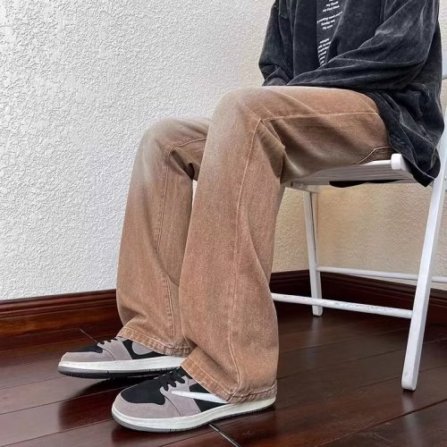 Wide-leg jeans for men, spring and autumn trendy brand loose straight casual trousers, distressed washed retro floor-length slim trousers