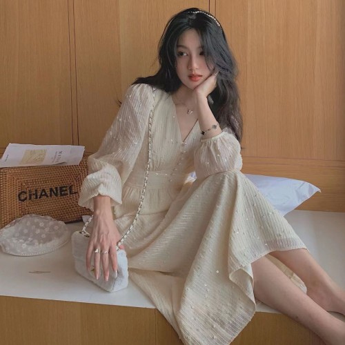 French retro sequined v-neck dress for women spring and autumn new high-end western style chiffon long-sleeved mid-length skirt