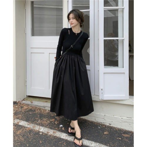 Designed stitching hollow long-sleeved dress for women spring and autumn French long Hepburn style black large hem A-line skirt