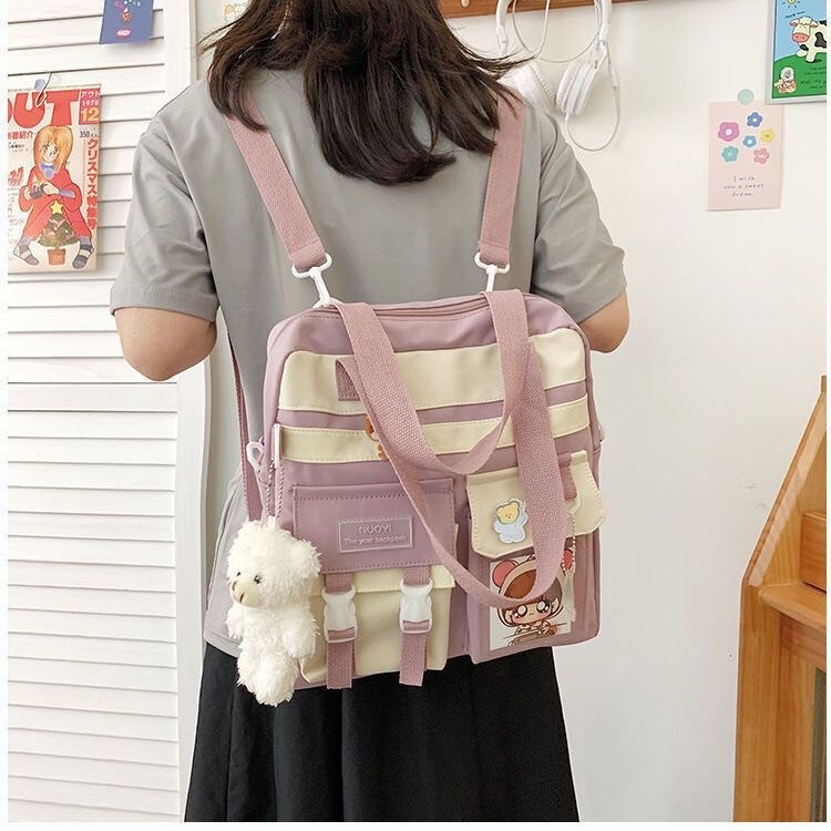 Canvas bag for women, single shoulder crossbody bag, large capacity, student carry-on for class, make-up class, contrasting color, Harajuku style, double back