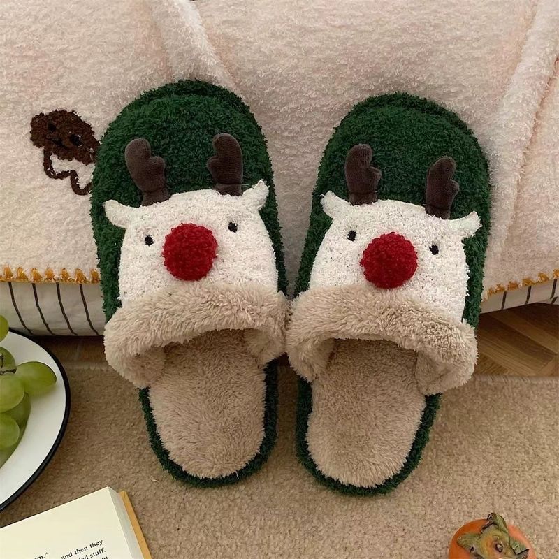 Winter new Christmas Elk Plush Shoes Home Fashion Couple Anti-Slip Warm Baotou Cotton Slippers