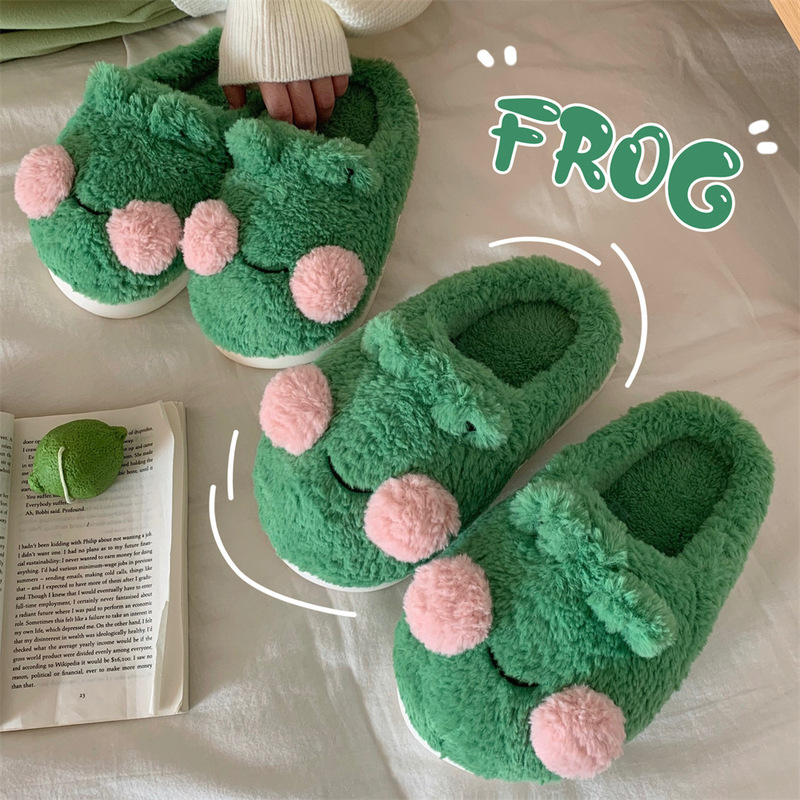 Cute cartoon little frog Baotou cotton slippers winter casual home bedroom warm confinement soft-soled slippers for women