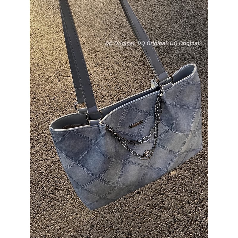 Tote bag for women new style splicing decorative chain commuting design large capacity rhombus shoulder tote bag