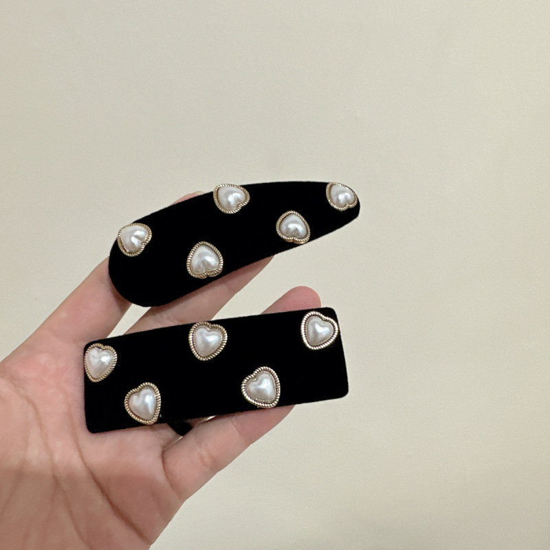High-end black velvet droplet square BB clip bangs clip exquisite love rhinestone hairpin side clip new style