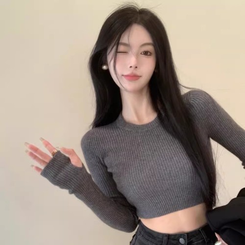 Gray long-sleeved sweater for women in spring and autumn, slim-fitting short cropped navel-baring fashionable tight-fitting bottoming shirt, trendy top