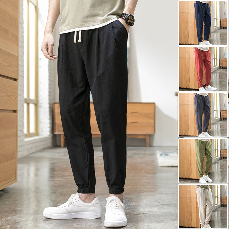Linen pants Chinese style loose sports pants leggings cotton and linen pants large size men's nine-point harem pants bloomer pants K801