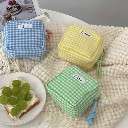 Cotton blue checkered small square bag ins style high-looking student portable cute multifunctional sundry storage bag