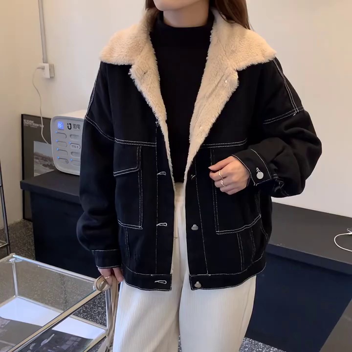 Plus size women's winter new Hong Kong style velvet thickened denim jacket women's loose top overalls cotton clothing