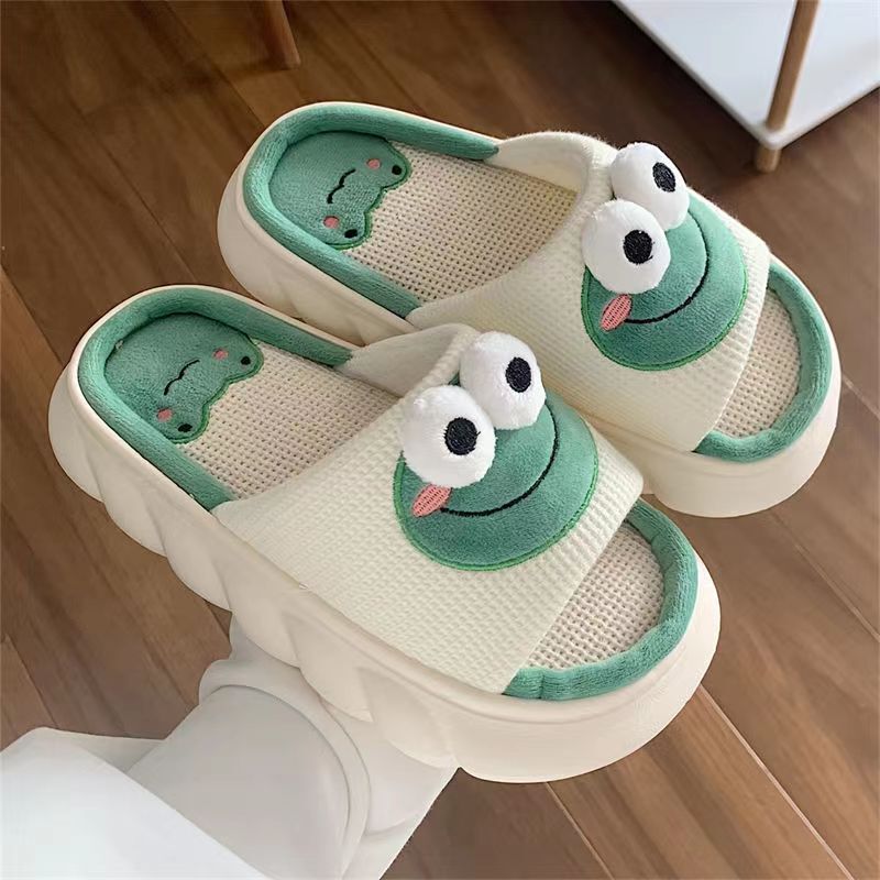 Home Couple Linen Slippers Four Seasons Non-Slip Thick Soled Cartoon Frog Sandals