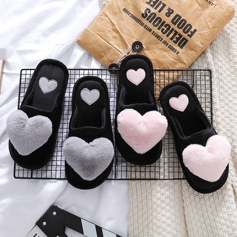 Autumn and winter new cotton slippers floor non-slip warm Korean style women's big love cartoon heart home slippers