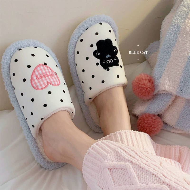 Fashionable Korean polka dot kitten fur shoes, cute and fun women's high-end ins style autumn and winter cotton slippers