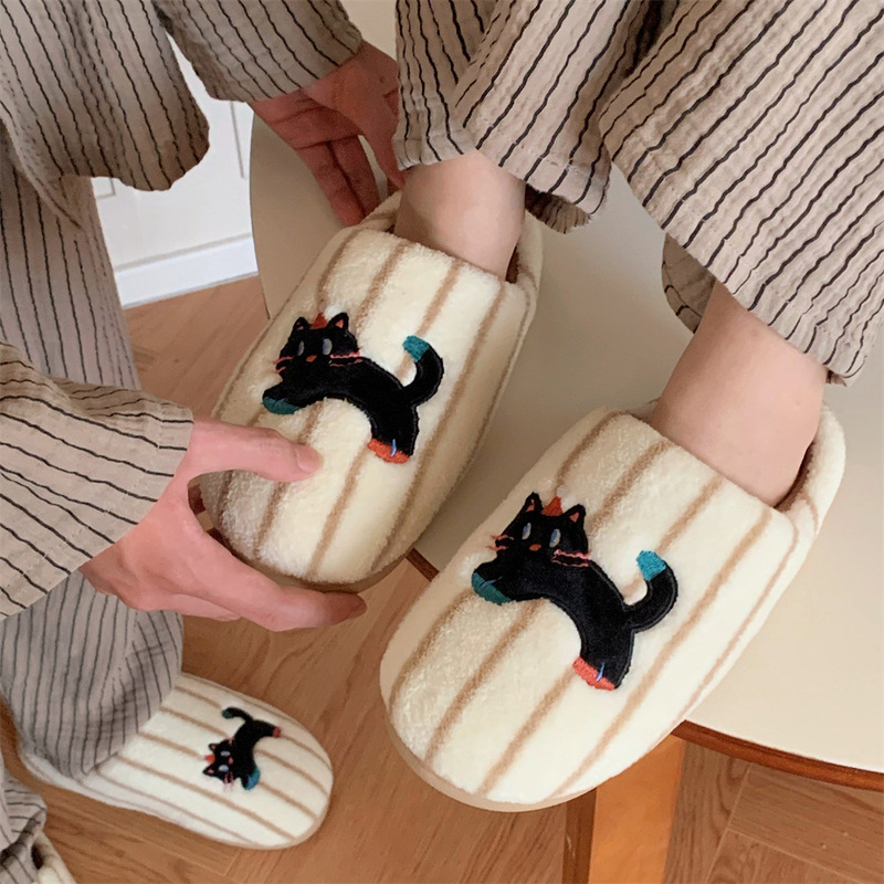 Striped little black cat home shoes Korean style casual couple cartoon warm and comfortable cotton slippers for men and women winter