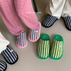 Couple autumn and winter contrast striped cotton slippers internet celebrity personalized warm plush home shoes for men and women ins