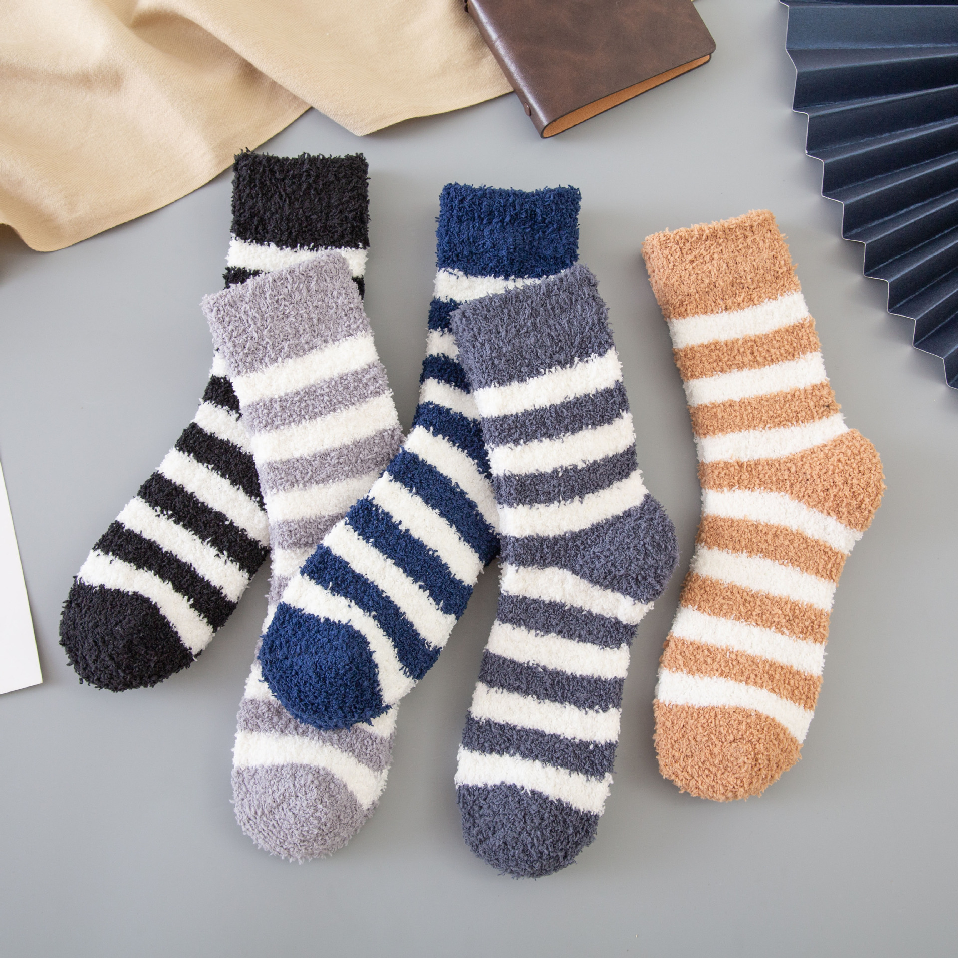 Coral velvet socks striped half-velvet mid-length non-shedding thickened warm floor socks home socks