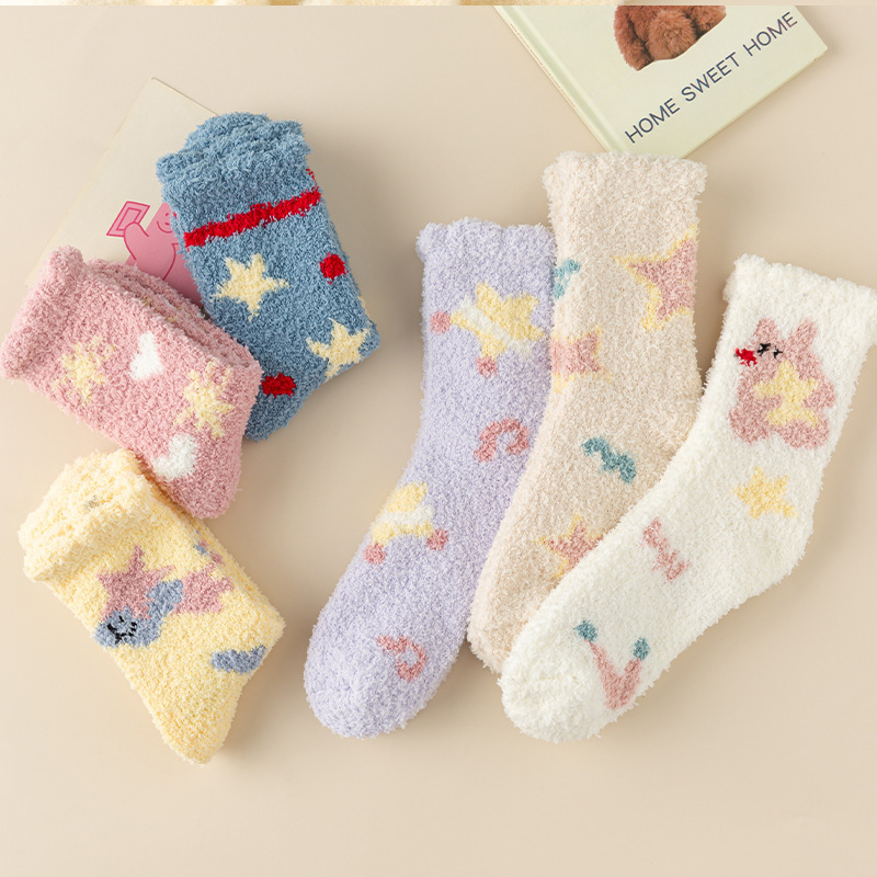 Coral velvet floor socks, autumn and winter cute socks, women's sleep socks, warm plush socks, home mid-tube socks