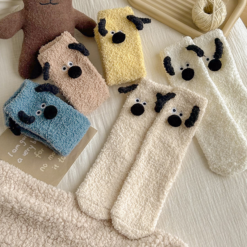 Socks for women in winter thickened warm mid-calf socks cute cartoon puppy coral velvet winter home sleeping floor socks