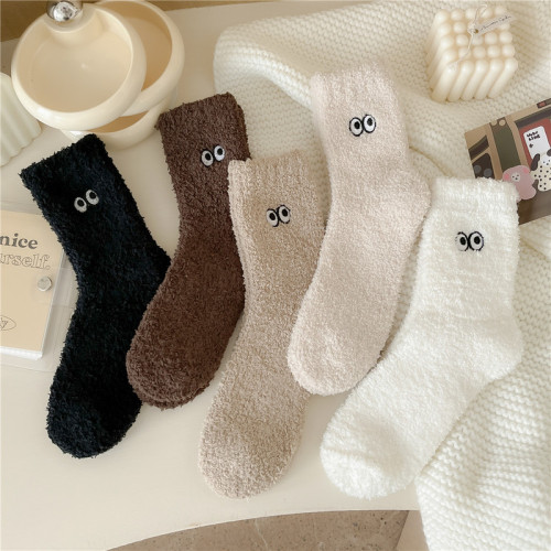 Eye socks plus velvet, thickened coral velvet, non-shedding autumn socks, sleep socks, floor socks, home warm in winter