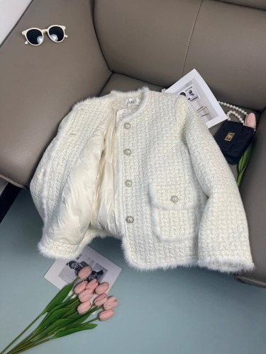 Mink fur small fragrant style down jacket for women winter new high-end French gold thread tweed woolen coat