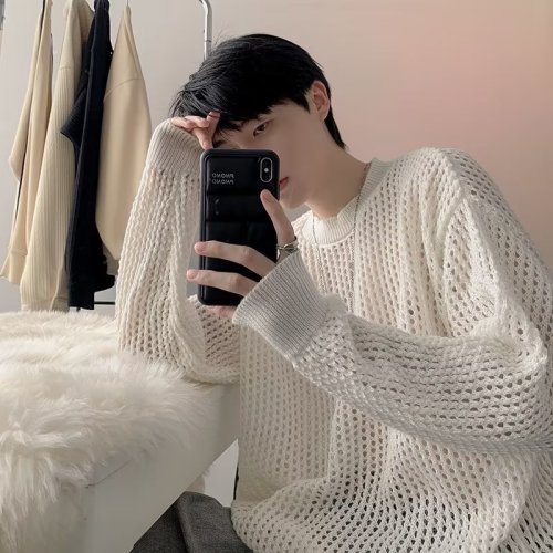Sweater Men's Autumn and Winter Trendy Korean Style New Hollow Grid Sun Protection Shirt Versatile Knitted Sweater Jacket