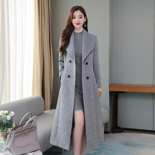 Spring and Autumn New Style Woolen Coat Women's Over-the-Knee Thickened Large Size Lapel Extra Long Slim Waist Coat