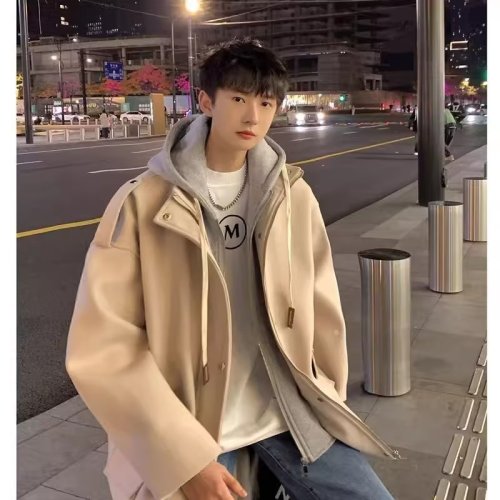 Fake two-piece woolen coats for boys spring and autumn thin high-end coats trendy brand handsome street fashion loose jackets