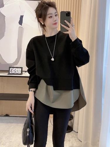Plus size women's autumn mid-length fake two-piece belly-covering slimming sweatshirt women's loose top fat mm2-300 pounds