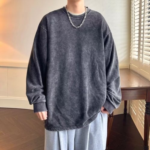 American sweatshirt men's spring and autumn solid color washed distressed round neck top loose casual long-sleeved large size couple coat