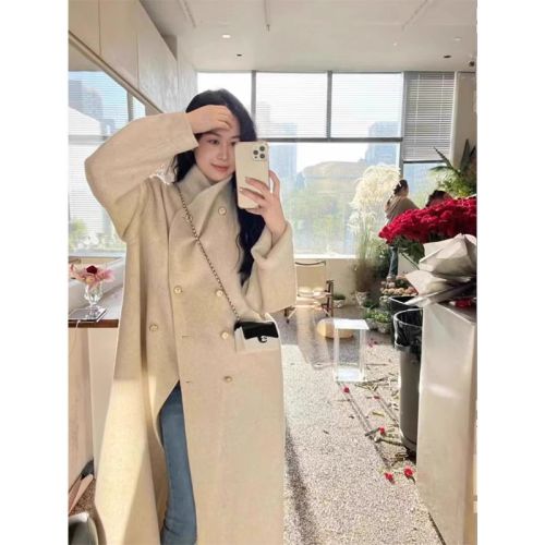 Woolen coat women's mid-length Maillard collarless loose temperament autumn and winter new Korean style woolen coat
