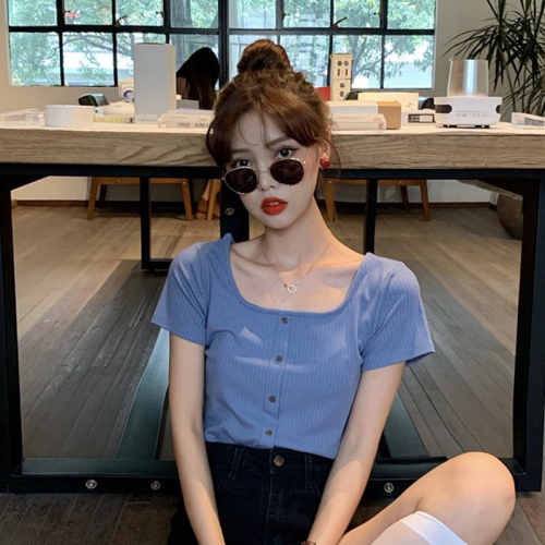 French clavicle square neck short top for women, new style summer Internet celebrity blue short-sleeved T-shirt ins trend
